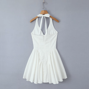 Elegant White Bodycon Mini Dress with Ruffle Halter Neck and Backless Design Bruscrest - Women's Mini Dresses 1