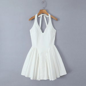 Elegant White Bodycon Mini Dress with Ruffle Halter Neck and Backless Design Bruscrest - Women's Mini Dresses