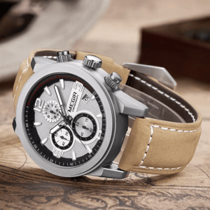 Men's Luxury Chronograph Watch with Leather Strap and Calendar
