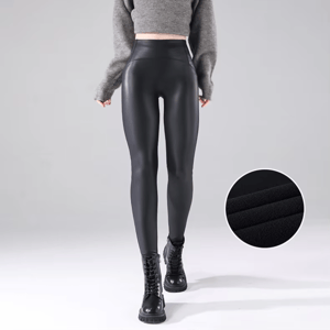 Wine Red High-Waist PU Leather Fleece Lined Leggings for Winter Wine Red High-Waist PU Leather Fleece Lined Leggings for Winter