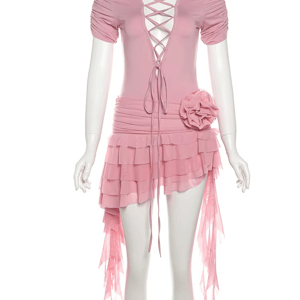 Trendy Ruffle Mini Dress with Tassel Detail and Drawstring Cutenew - Women's Mini Dresses