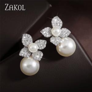 Elegant Imitation Pearl Flower Drop Earrings with Cubic Zirconia Elegant Imitation Pearl Flower Drop Earrings with Cubic Zirconia