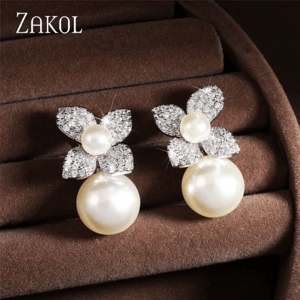 Elegant Imitation Pearl Flower Drop Earrings with Cubic Zirconia Elegant Imitation Pearl Flower Drop Earrings with Cubic Zirconia