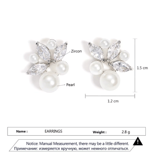 Elegant Imitation Pearl Earrings with Shiny Zircon and Leaf Design