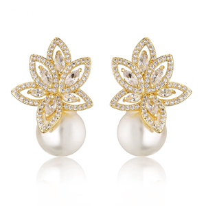 Elegant Simulated Pearl Stud Earrings with Cubic Zirconia Detailing Elegant Simulated Pearl Stud Earrings with Cubic Zirconia Detailing