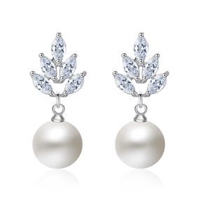 Elegant Leaf-Inspired Pearl & Zirconia Dangle Earrings for Women