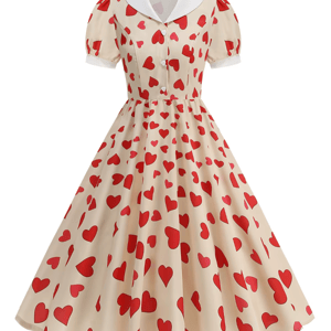 Vintage Heart Print Puff Sleeve Dress with Contrast Collar