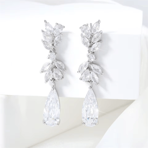 Elegant Zircon Leaf Dangle Earrings with Water Drop Crystals