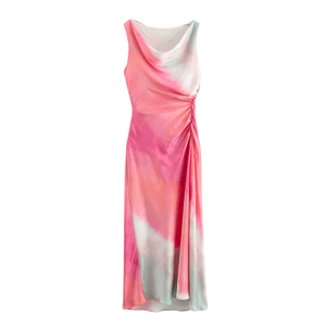 High Street Women's Fashion Tie-dye Printed Midi Dress Sleeveless Gathered Hem Split Female Gown