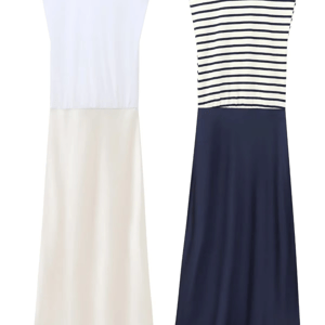 Women's Fashion Contrast Satin Midi Dress Retro Round Neck Sleeveless Versatile Female Midi Dress