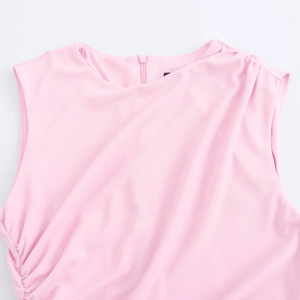 High Street Slim Fit Midi Dress for Women Draped Round Neck Sleeveless Back Slit Chic