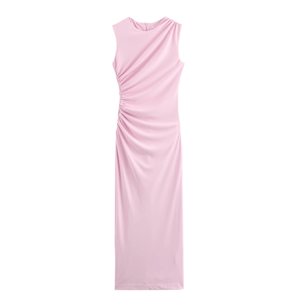 High Street Slim Fit Midi Dress for Women Draped Round Neck Sleeveless Back Slit Chic High Street Slim Fit Midi Dress for Women Draped Round Neck Sleeveless Back Slit Chic