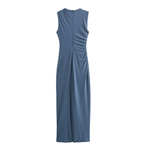 Chic Draped Midi Dress with Sleek Back Slit for Women