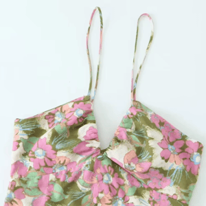 Women's Linen Blended Flower Print Dress V-Neck Adjustable Straps Open Back Tie Front Split