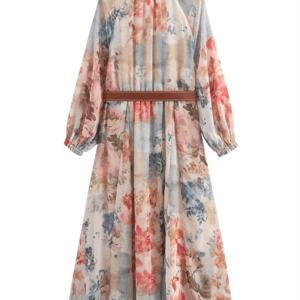 Elegant Floral Print V-Neck Midi Dress with Belt Elegant Floral Print V-Neck Midi Dress with Belt