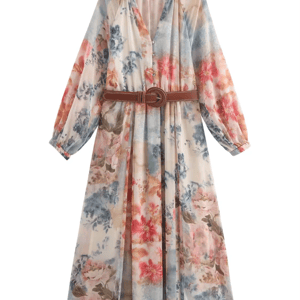 Elegant Floral Print V-Neck Midi Dress with Belt Elegant Floral Print V-Neck Midi Dress with Belt