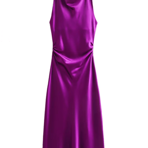 Elegant Sleeveless Satin Midi Dress with Ruched Detailing Elegant Sleeveless Satin Midi Dress with Ruched Detailing