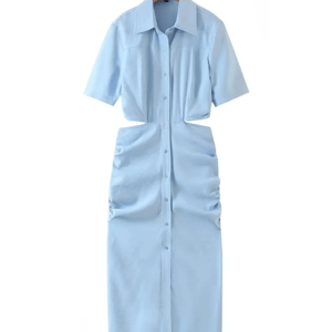 Elegant Hollow Waist Midi Shirt Dress with Pleated Design Elegant Hollow Waist Midi Shirt Dress with Pleated Design