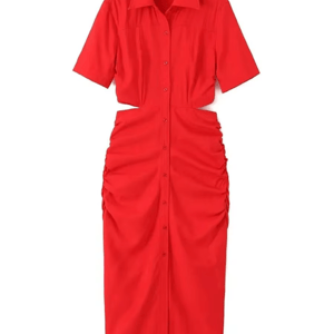 Elegant Hollow-Out Waist Midi Shirt Dress with Pleated Design