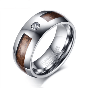 Vintage Wood Inlay Tungsten Carbide Ring for Men, 8mm Tigrade - Men's Rings 9