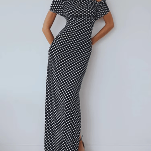 Elegant Off-Shoulder Polka Dot Maxi Dress with Split Hem Elegant Off-Shoulder Polka Dot Maxi Dress with Split Hem