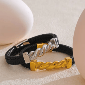 Handmade 65mm Leather Metal Twisted Chain Wide Bracelet for Men Handmade 65mm Leather Metal Twisted Chain Wide Bracelet for Men