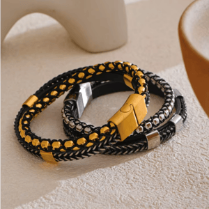 Handmade Double Layer Leather Metal Braided Unisex Bangle Bracelet Handmade Double Layer Leather Metal Braided Unisex Bangle Bracelet