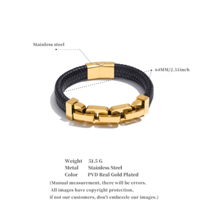 Elegant 18K Gold Plated Stainless Steel Leather Chain Bracelet