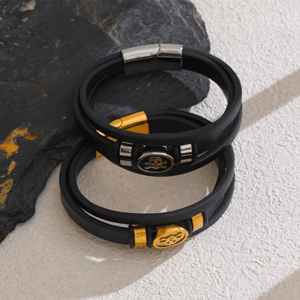 Bold 65mm Leather & Metal Skull Layered Bangle Bracelet