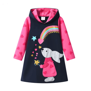 Adorable Hooded Dress for Girls with Heart & Rainbow Print