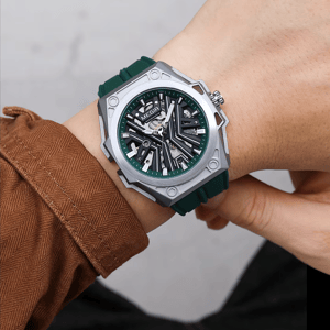 Men’s Stainless Steel Skeleton Mechanical Watch with Silicone Strap Men’s Stainless Steel Skeleton Mechanical Watch with Silicone Strap