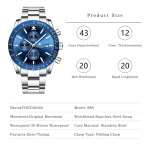 Luxury Chronograph Men's Watch with Stainless Steel and Calendar Poedagar - Men's Dress Watches 5