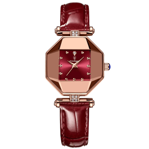 Elegant Red Dial Women's Leather Watch with Irregular Case Design Elegant Red Dial Women's Leather Watch with Irregular Case Design