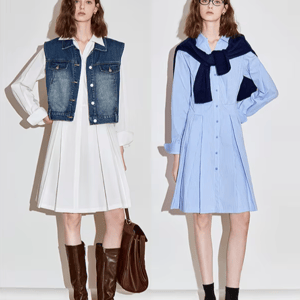 Elegant Pleated A-Line Dress with Turn-Down Collar and Stripes