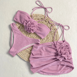 3-Piece High Cut Bikini Set with 3D Floral Accents
