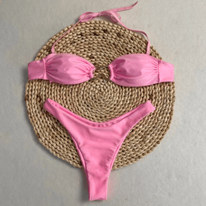 Adjustable Thong Bikini Set with Halter Neck and Ring Detail Adjustable Thong Bikini Set with Halter Neck and Ring Detail