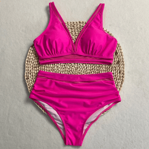 Solid High Waist Bikini Set with Contrast Mesh Detailing