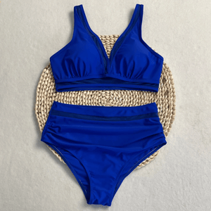 High Waist Bikini Set with Contrast Mesh and Sweetheart Neck