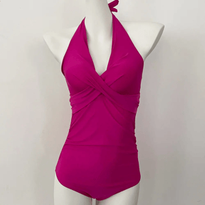 Patchwork Halter One-Piece Swimsuit with High Waist Design