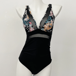 Deep V-Neck One-Piece Swimsuit with Mesh and High Waist