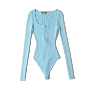 Long Sleeve Zip-Up Bodysuit with Square Neckline Design Bruscrest - Women's Babydolls & Bodysuits