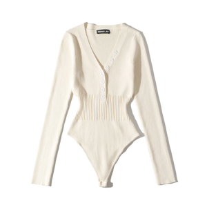 Deep V-Neck Knit Bodysuit with Long Sleeves and Buttons Bruscrest - Women's Babydolls & Bodysuits
