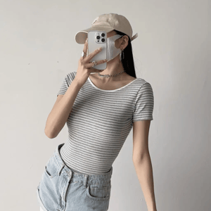 Striped Knit Bodysuit with Short Sleeves and Bodycon Fit