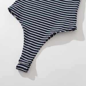 Striped Knit Bodysuit with Short Sleeves and Bodycon Fit