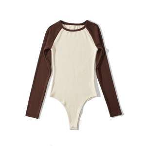 Patchwork Ribbed Long Sleeve Bodysuit for Women Streetwear