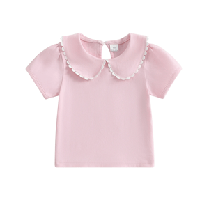 Little Girls Solid Color T-Shirt with Doll Collar Design