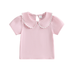 Little Girls Solid Color T-Shirt with Doll Collar Design