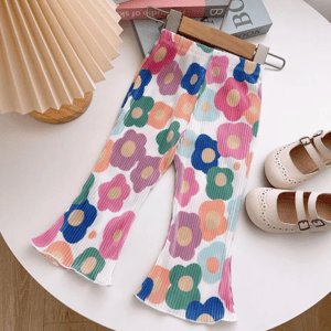 Lightweight Printed Bell Bottom Pants with Flared Hem for Girls