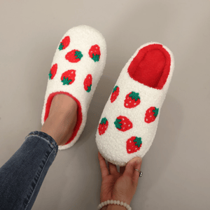 White Strawberry Embroidered Furry Indoor Winter Slippers