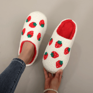 White Strawberry Embroidered Furry Indoor Winter Slippers